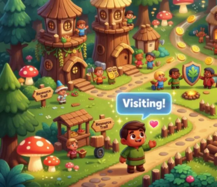 Közösségi falulátogatás jelenet a Top Tycoon: Coin Theme Empire világában