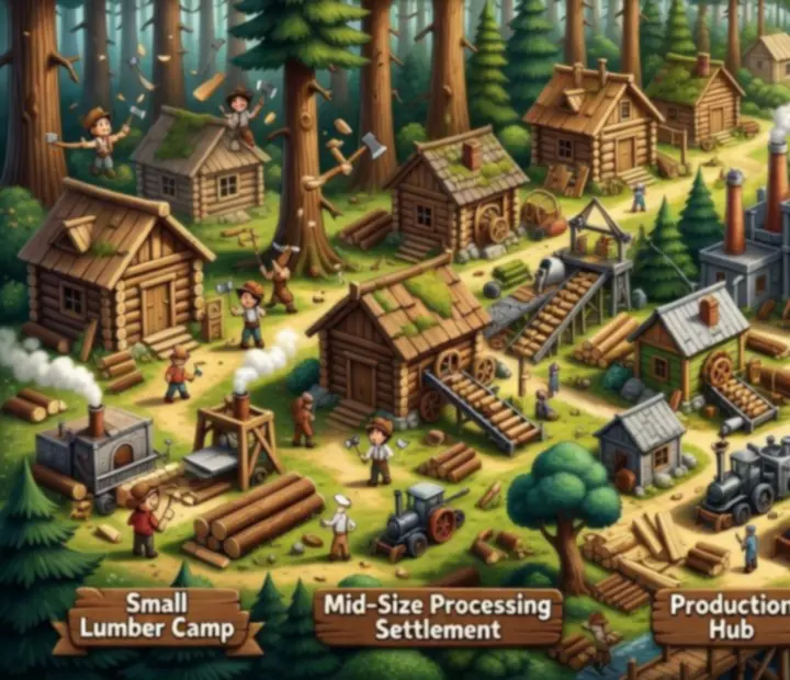 A Top Tycoon: Coin Theme Empire fejlődési diagramja kis üzemtől nagy erdei birodalomig