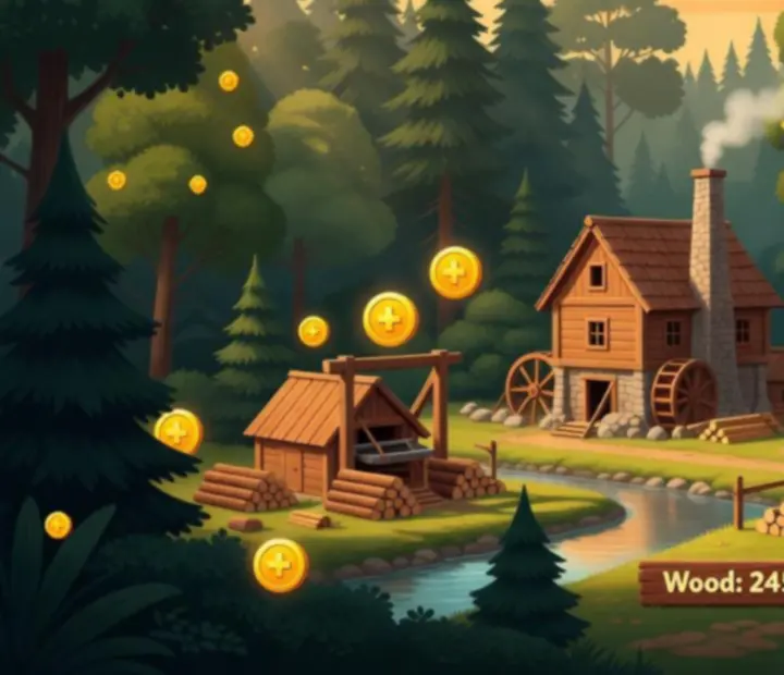 Erdei fűrészüzem és termelő épületek Top Tycoon: Coin Theme Empire stílusban
