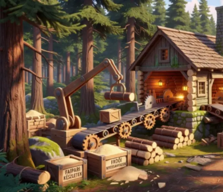 Látványos erdei fűrészüzem és termelőrendszer a Top Tycoon: Coin Theme Empire stílusában