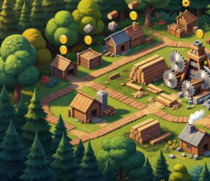 Top Tycoon: Coin Theme Empire erdei tycoon hangulatú illusztráció