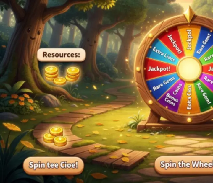 Erdei szerencsekerék jelenet a Top Tycoon: Coin Theme Empire világában